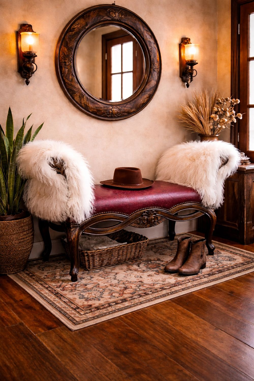 Florence Bench with White Tibetan Lamb &amp; Red Seat