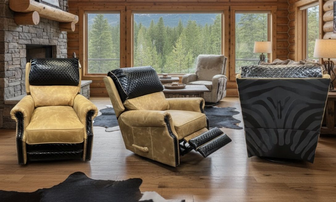 Malone Swivel Glider Recliner with Boulder Mustard/Zebra Black/Diamond Stitch Black Hide