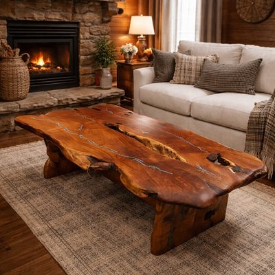 5ft Mesquite Coffee Table with Copper & Turquoise Inlay