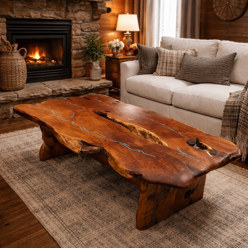 5ft Mesquite Coffee Table with Copper &amp; Turquoise Inlay