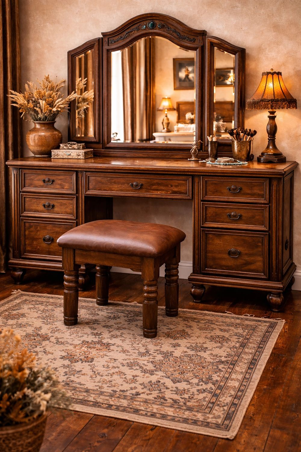 Brown Leather Vanity Stool