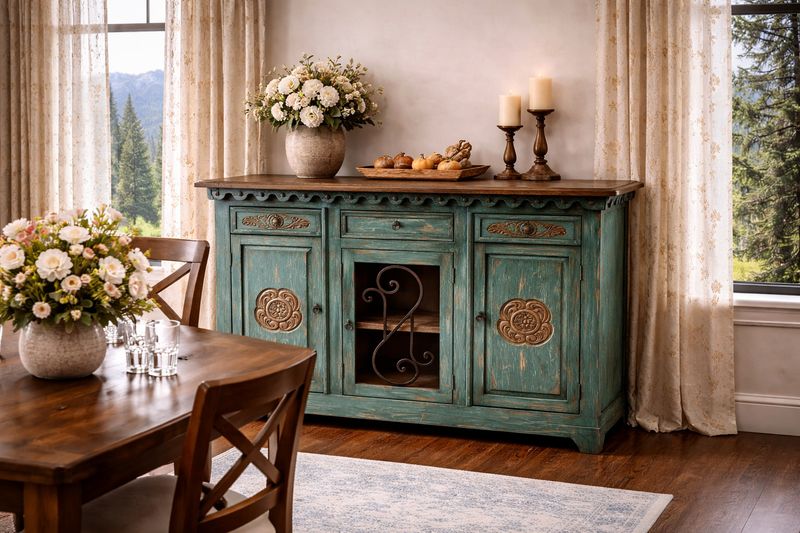 Adobe Buffet With Iron Door -Turquoise 18x60x42