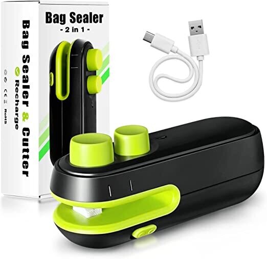 SUNALETTA Chip Bag Sealer, Handheld Bag Heat Vacuum Sealer Rechargable, Portable Bag Resealer Mini Sealing Machine for Plastic Bags Chip Bags Food Storage - Black