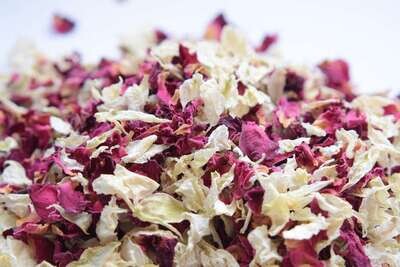 Ivory delphinium & red rose confetti petals