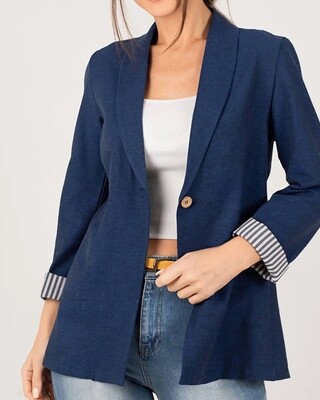 Navy Blue Sleeve Striped Single Button Jacket
