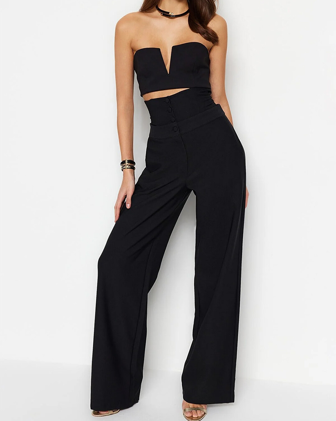 Black Woven Corset Detailed Trousers