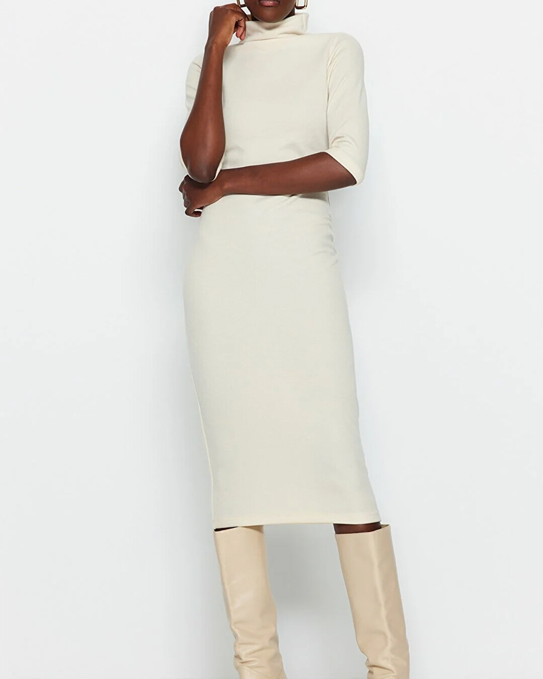 Beige Soft Surface Fitted Midi Knitted Dress