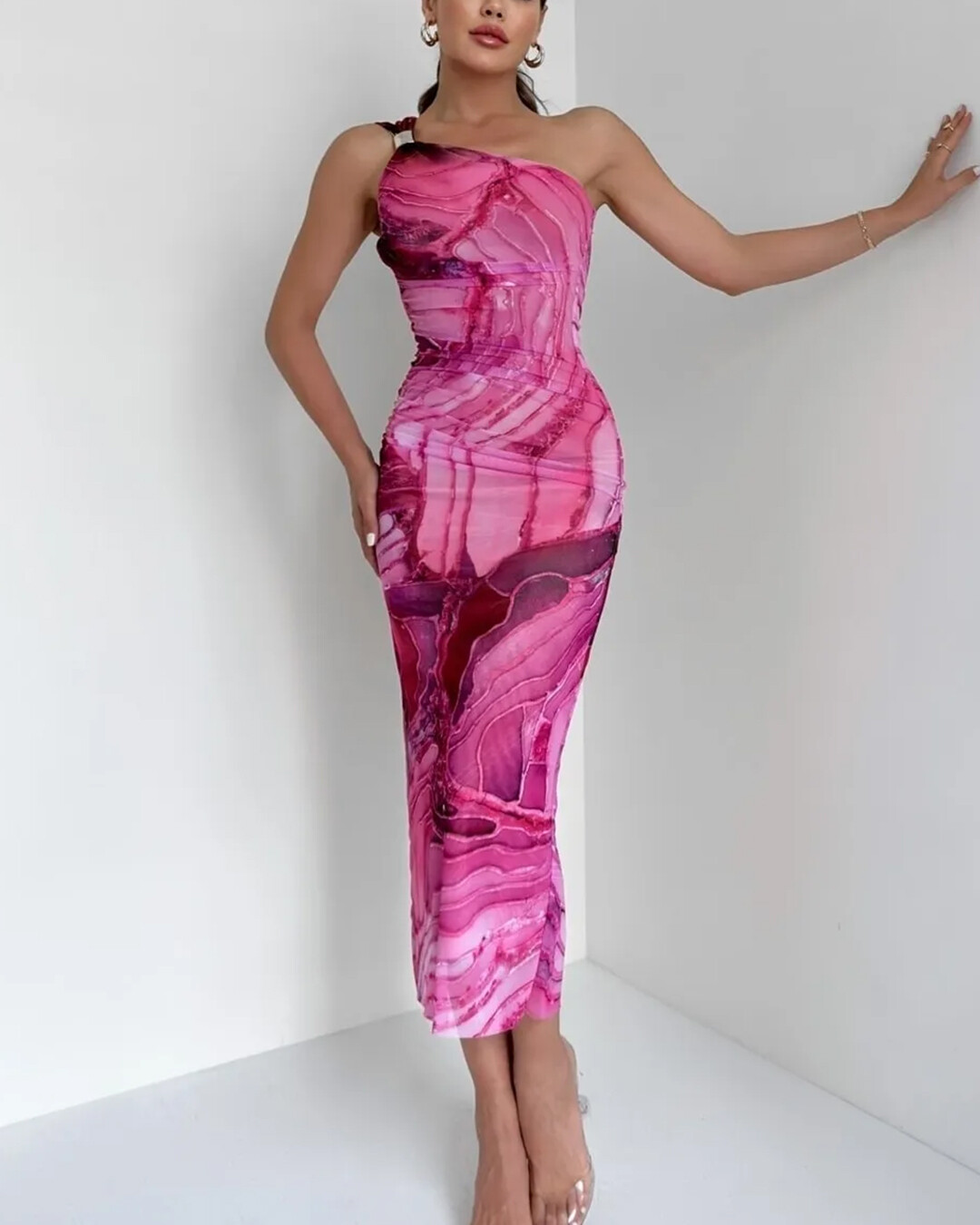 Fuchsia Patterned One Sleeve Dress