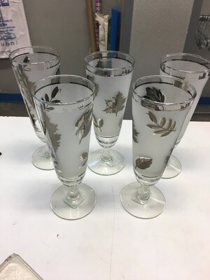 Five Vintage Libbey Pilsner/Champagne Glasses in Frosted Silver Leaf Pattern