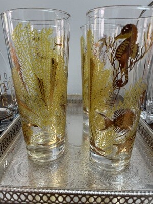 Four Vintage Bartlett Collins Mid-Century Under the Sea 22k Gold Glasses