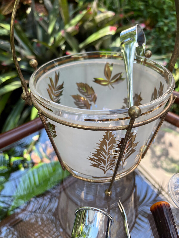 Vintage MCM Hollywood Regency Ice Bucket Golden Foliage 22K Gold And Frosted Glass