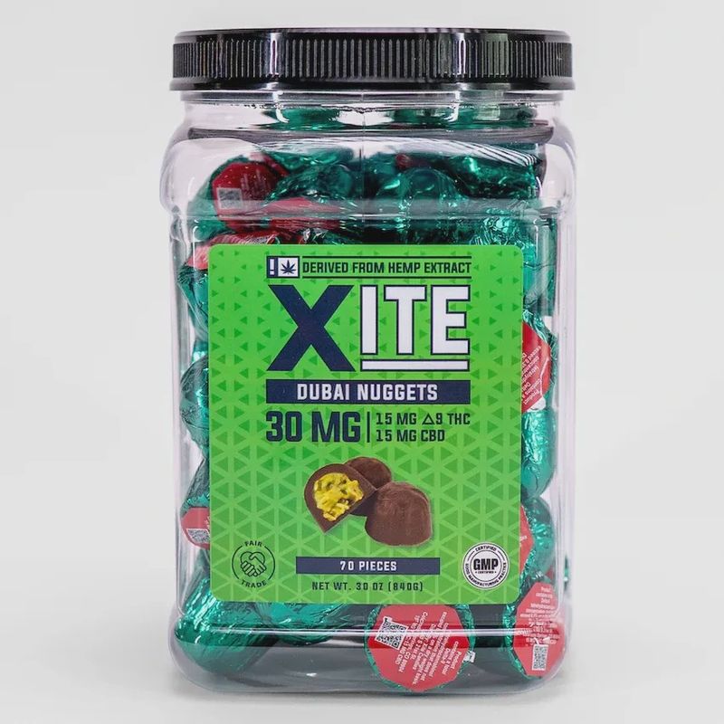 Xite: Dubai Chocolate Nuggets 15mg THC + 15mg CBD / 70ct