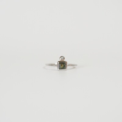 14K White Gold With Square Deep Brownish Green Tourmaline And Diamond