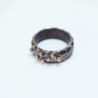 Blackened Sterling Silver Mens Ring With 14K Gold Bobble Detail
