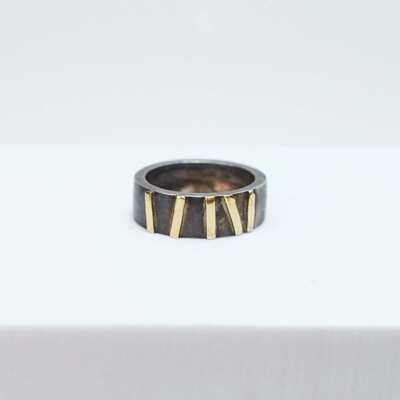 Blackened Silver Mens Ring With 14K Yellow Gold Detail