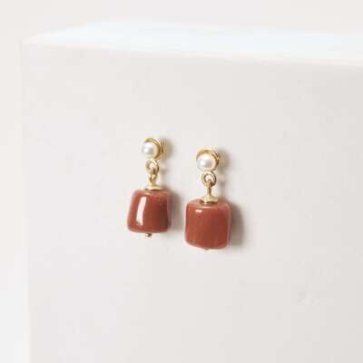 Mini White Chinese Pearl And Mediterranean Coral Nugget Dangle Earrings, 18K Gold