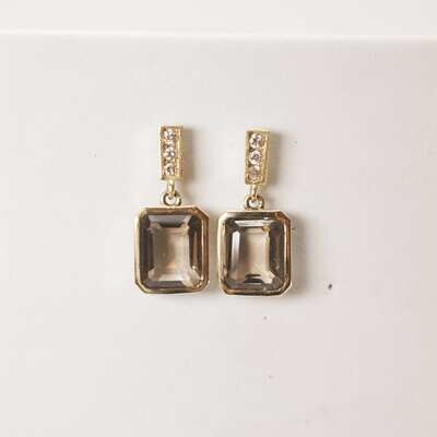 Diamonds And Framed Smoky Topaz Dangle Earrings, 18K Gold Diamonds And Framed Smoky Topaz Dangle Earrings, 18K Gold