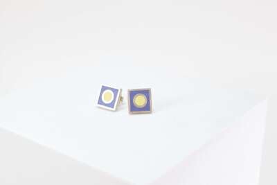 Square Studs With Circle, Navy & Yellow