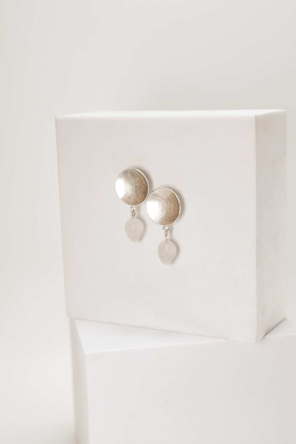 "Moonlight" Silver And Frosted Quartz Drop Earrings, Small Lotus Buds
