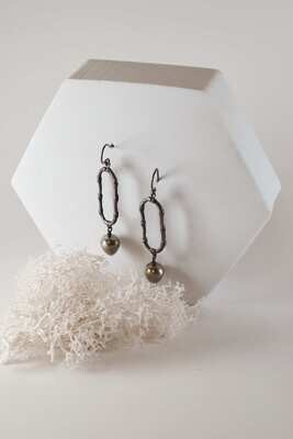 Pyrite Drop Earrings, Bamboo Shape, Oxidized Sterling Silver