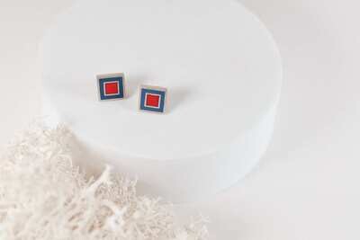 Square Studs, Navy & Red