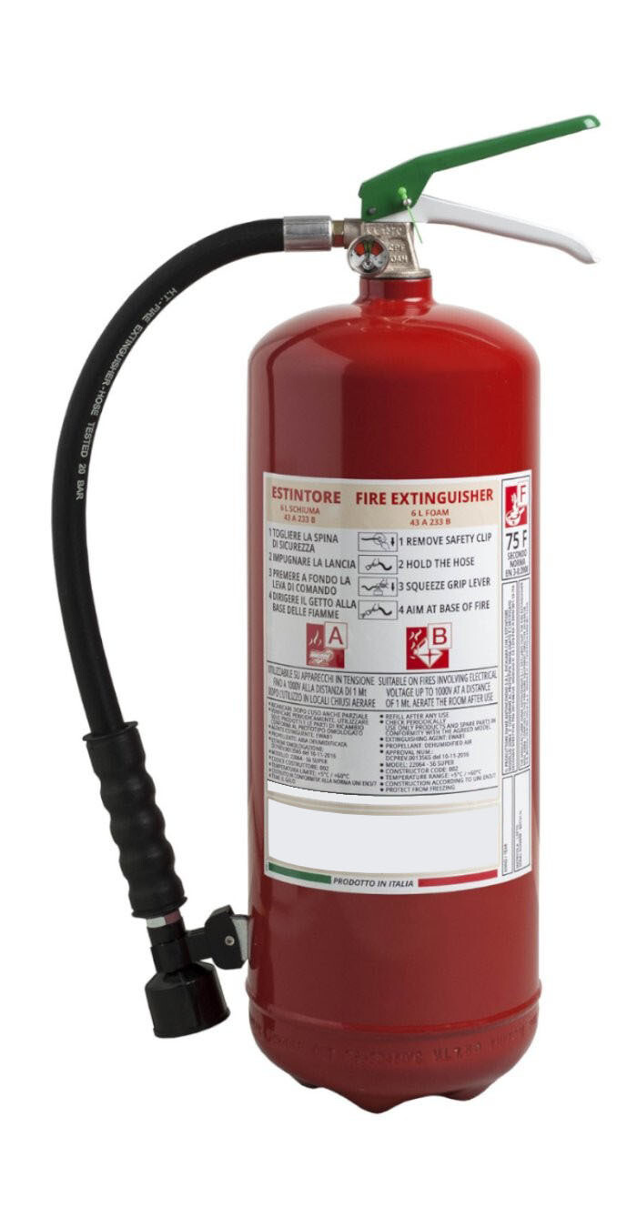 Schaumfeuerlöscher 6 Liter - 43A 233B 75F - Code BGMOUPORL6SIS63 -UNI EN 3-7