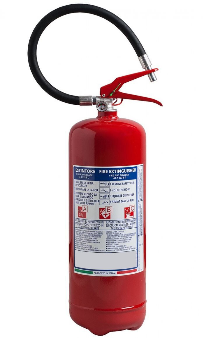 Powder extinguisher kg 6 - 43A 233B C - UNI EN 3-7 - PED 2014/68/UE - PED 2014/68/UE - Code BGPOWPORKG6SIS23