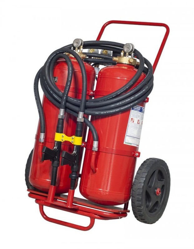 Estintore carrellato twin agent kg 50 polvere - lt 50 schiuma - A B C - Codice BGMOUWHEKG50SIS51 - PED 2014/68/UE