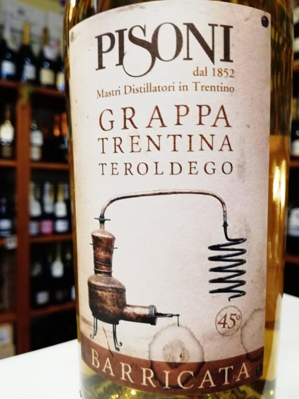 GRAPPA TRENTINA DI TEROLDEGO BARRICATA  INVECCHIATE 5 ANNI  45 GRADI VOL. DISTILLERIA PISONI IN PERGOLESE DI MADRUZZO TN