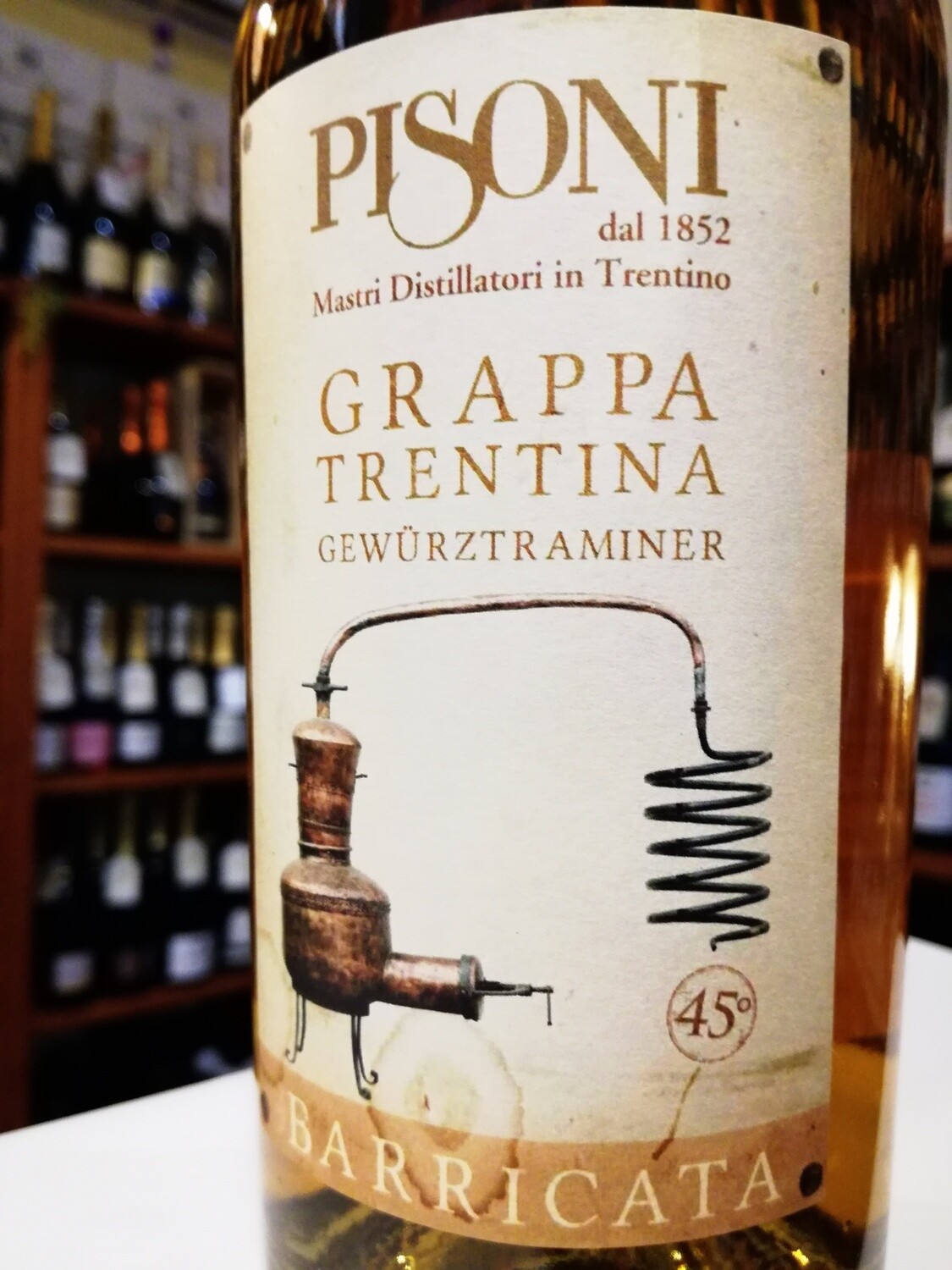 GRAPPA TRENTINA DI GEWURZTRAMINER BARRICATA  INVECCHIATE 5 ANNI  45 GRADI VOL. DISTILLERIA PISONI IN PERGOLESE DI MADRUZZO TN