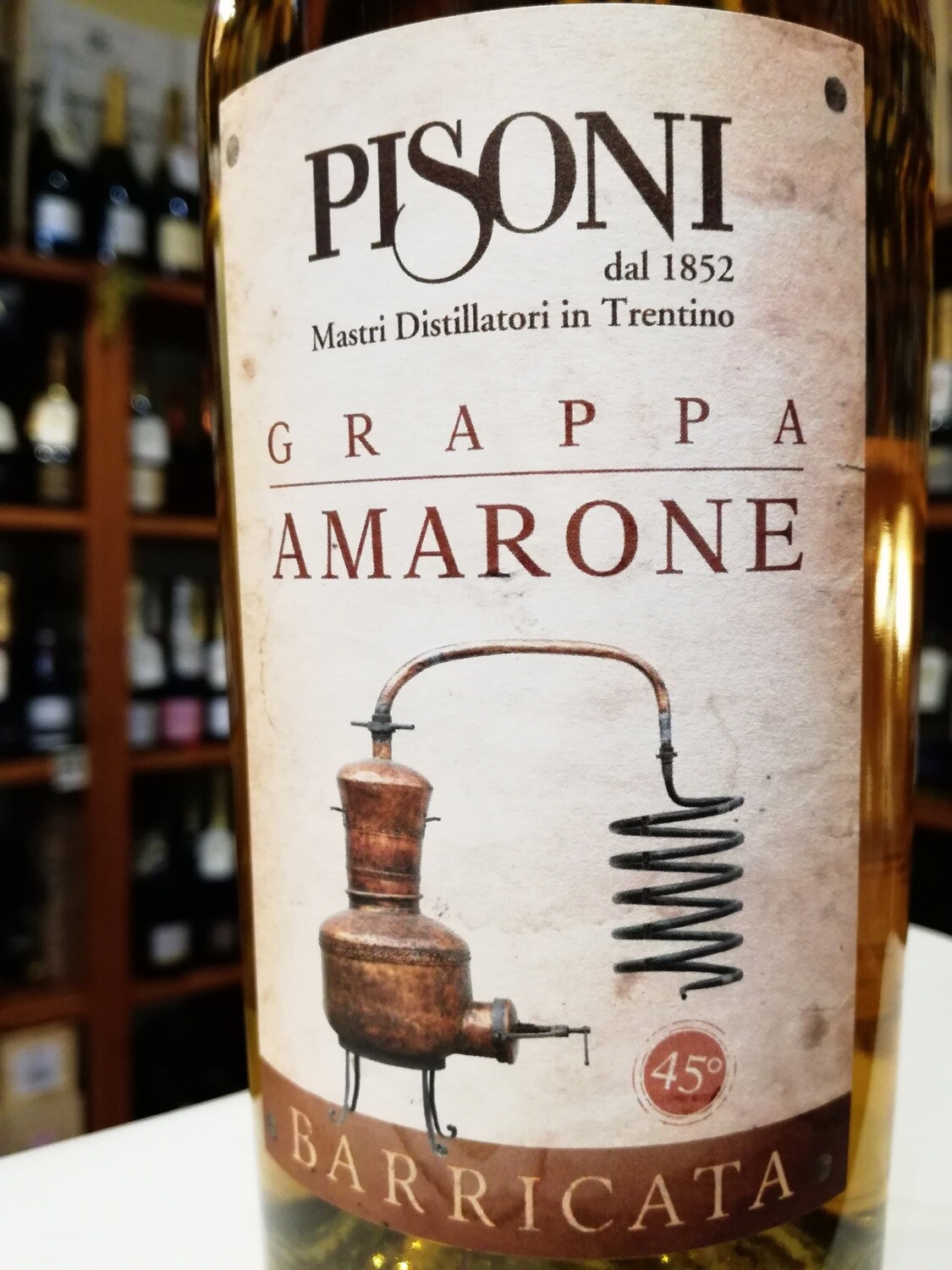 GRAPPA TRENTINA DI AMARONE BARRICATA  INVECCHIATE 5 ANNI  45 GRADI VOL. DISTILLERIA PISONI IN PERGOLESE DI MADRUZZO TN