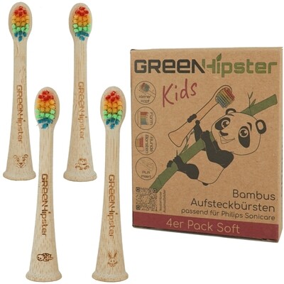 GREENHipster 4er Aufsteckbürsten Kids aus nachhaltigem Bambus | Bürstenköpfe passend für Philips Sonicare Schallzahnbürsten | 100% BPA frei | Ersatzbürsten Kinder (Regenbogen - weich - kleiner Kopf)