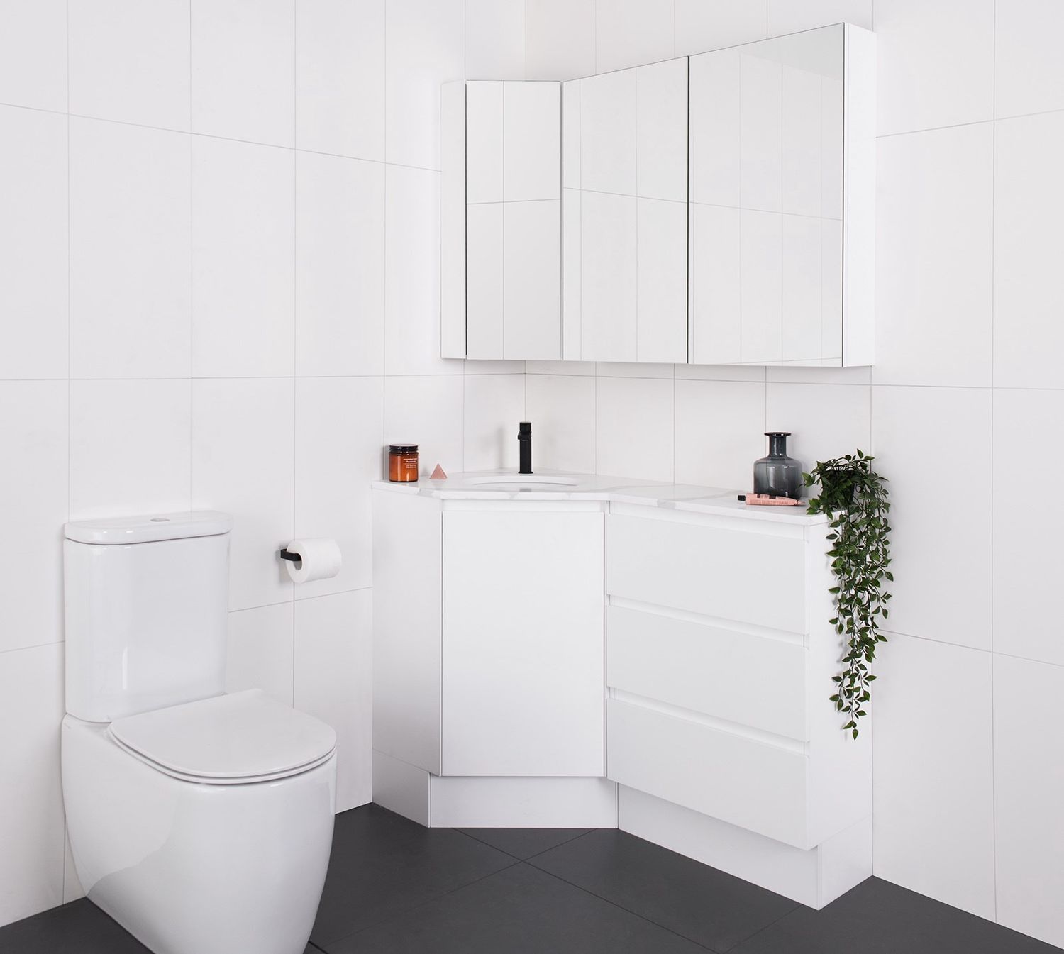 Glacier Floor Standing Corner, Door &amp; Drawer Vanity - Trio