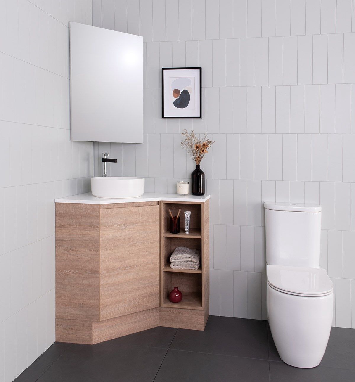 Glacier Floor Standing Corner, Door &amp; Shelf Vanity - Trio