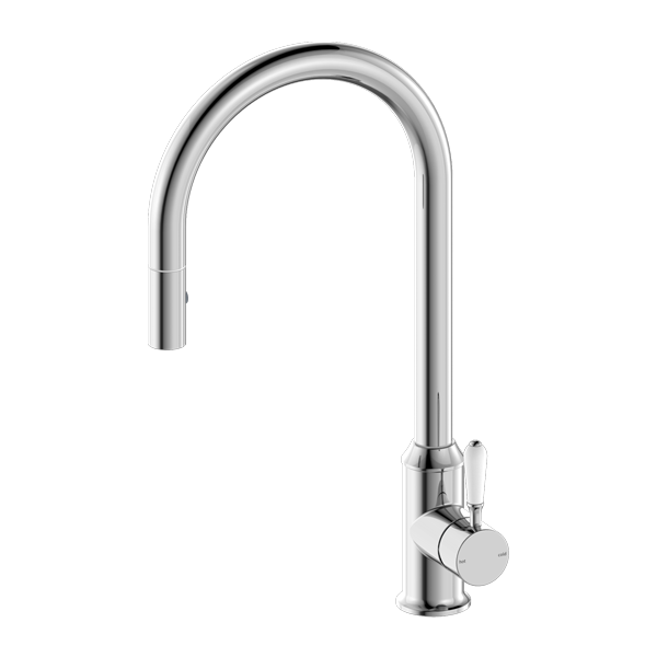 York Pull Out Sink Mixer With Vegie Spray Function With, Finish: Chrome, Option: White Porcelain Lever