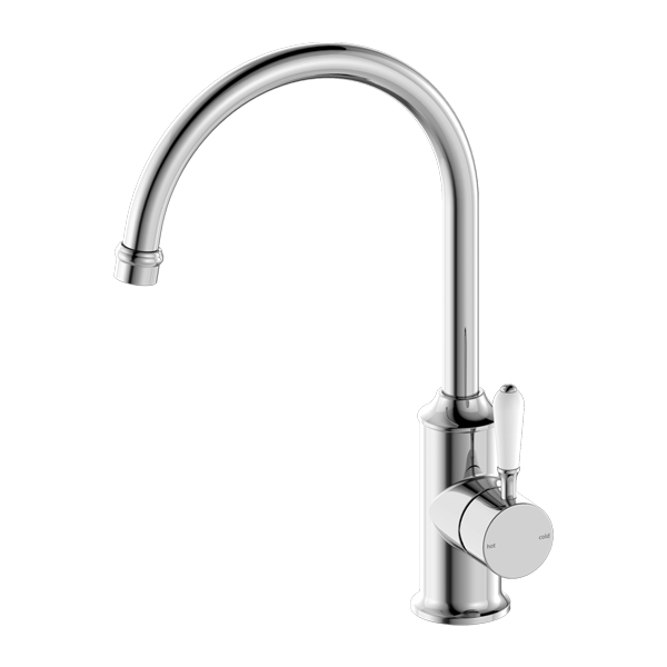 York Kitchen Mixer Gooseneck Spout, Finish: Chrome, Option: White Porcelain Lever