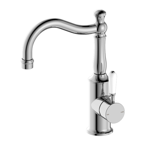 York Basin Mixer Hook Spout, Finish: Chrome, Option: White Porcelain Lever