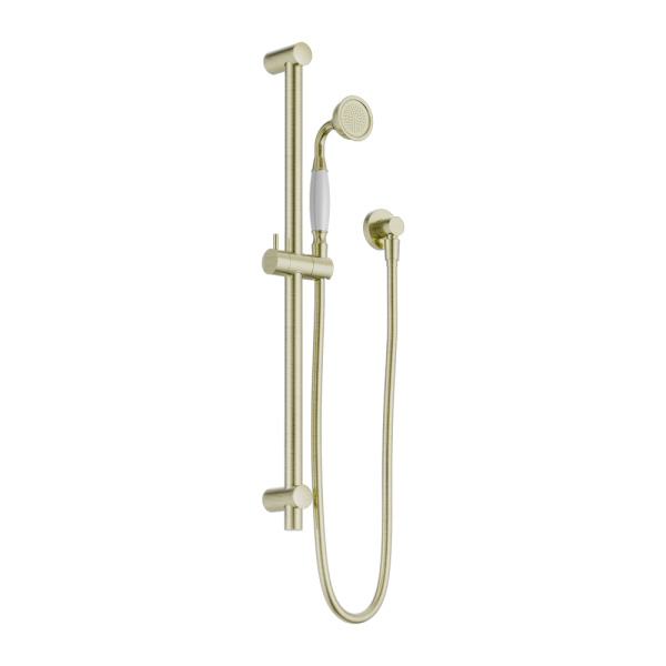 York Shower Rail, Finish: Aged Brass, Option: White Porcelain Hand Shower