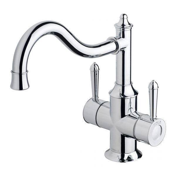 Nostalgia Twin Handle Sink Mixer 230mm Shepherds Crook, Finish: Chrome