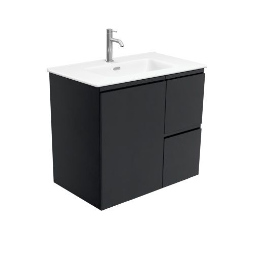 FINGERPULL Satin Black - Wall Hung Vanity, Option: 1 Taphole, Size: 750mm Left Hand Drawers, Top: Joli Matte Ceramic