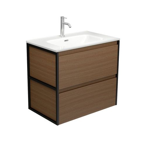 AMATO Walnut With Mixed Side Panels And Frames - Wall Hung Vanity, Option: 1 Taphole, Size: 750mm With Frames, Top: Joli Gloss Ceramic