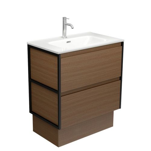 AMATO Walnut With Mixed Side Panels And Frames - Vanity On Kickboard, Option: 1 Taphole, Size: 750mm With Frames, Top: Joli Gloss Ceramic