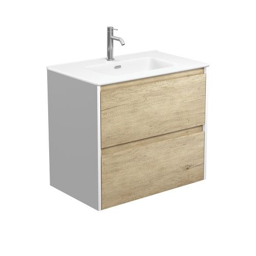 AMATO Scandi Oak With Mixed Side Panels - Wall Hung Vanity, Option: 1 Taphole, Size: 750mm With Satin White Sides, Top: Joli Matte Ceramic