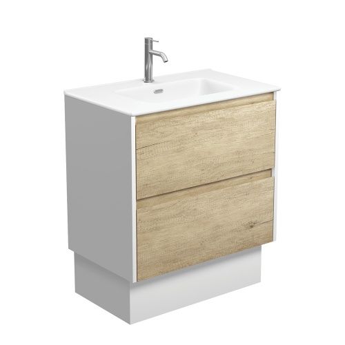 AMATO Scandi Oak With Mixed Side Panels - Vanity On Kickboard, Option: 1 Taphole, Size: 750mm With Satin White Sides, Top: Joli Matte Ceramic