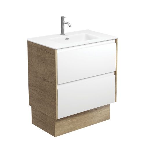 AMATO Satin White with Mixed Side Panels - Vanity On Kickboard, Option: 1 Taphole, Size: 750mm With Scandi Oak Sides, Top: Joli Matte Ceramic