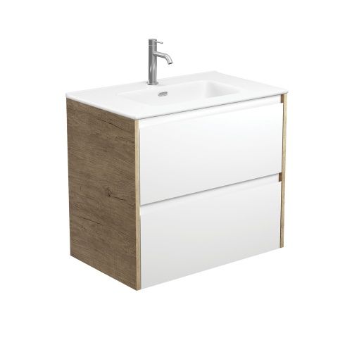 AMATO Satin White with Mixed Side Panels - Wall Hung Vanity Unit, Option: 1 Taphole, Size: 750mm With Scandi Oak Sides, Top: Joli Matte Ceramic