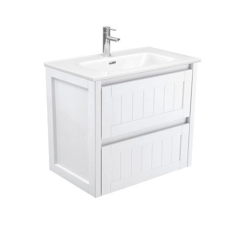 HAMPTON Satin White Wall Hung Vanity, Option: 1 Taphole, Size: 750mm, Top: Joli Gloss Ceramic