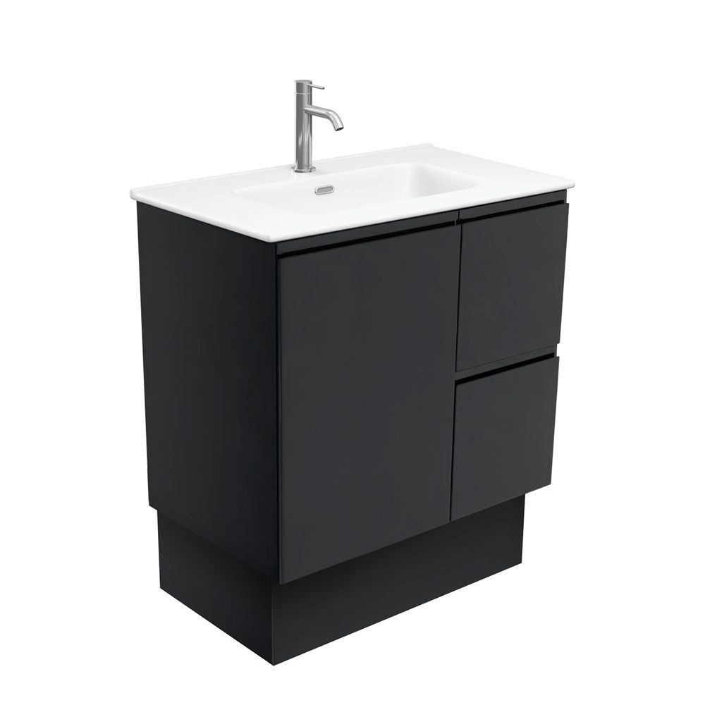 FINGERPULL Satin Black - Vanity On Kickboard, Option: 1 Taphole, Size: 750mm Left Hand Drawers, Top: Joli Matte Ceramic