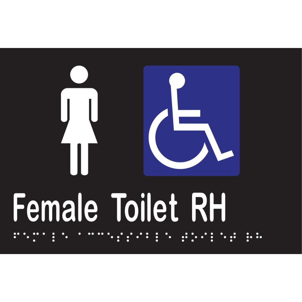 Vinyl Female Acc Toilet RH Braille Sign, Finish: Black with White Infill