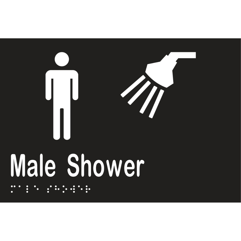 Vinyl Male Shower Braille Sign, Finish: Black with White Infill